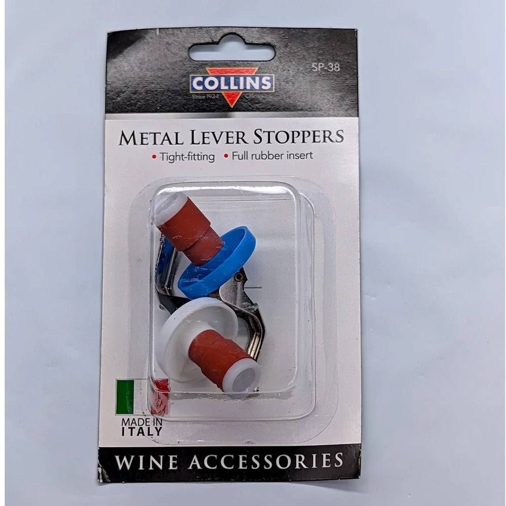 Collins Metal Lever‎ Wine Bottle Stoppers SP-38 Made in Italy Blue White 2 Pack